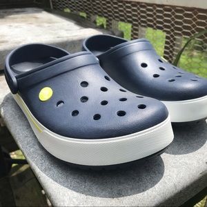 NWOT Navy Blue Crocsband Crocs with Yellow Stripe